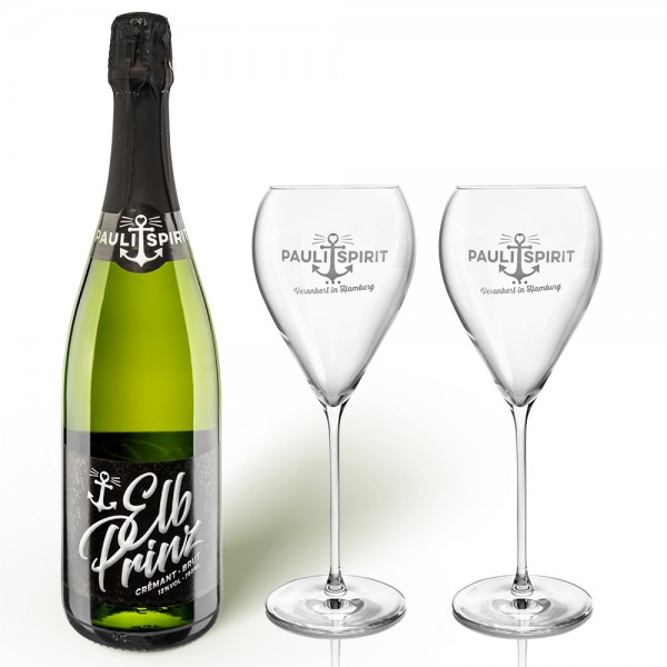 1 Flasche Elbprinz Crémant + 2 Champagnergläser